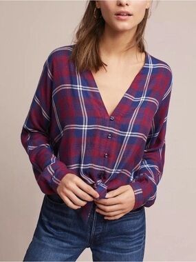 Rails Plaid V-Neck Button Front Tie Hem Top - Red & Blue